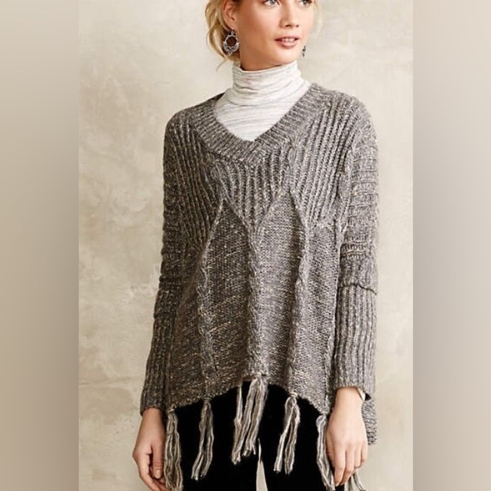 Anthropologie Cable Knit Gray Fringe Poncho Sweater